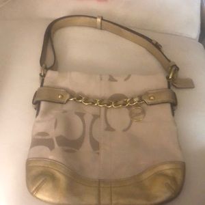 Coach Optic  Beige and Gold Signature Bag with Chain Detail